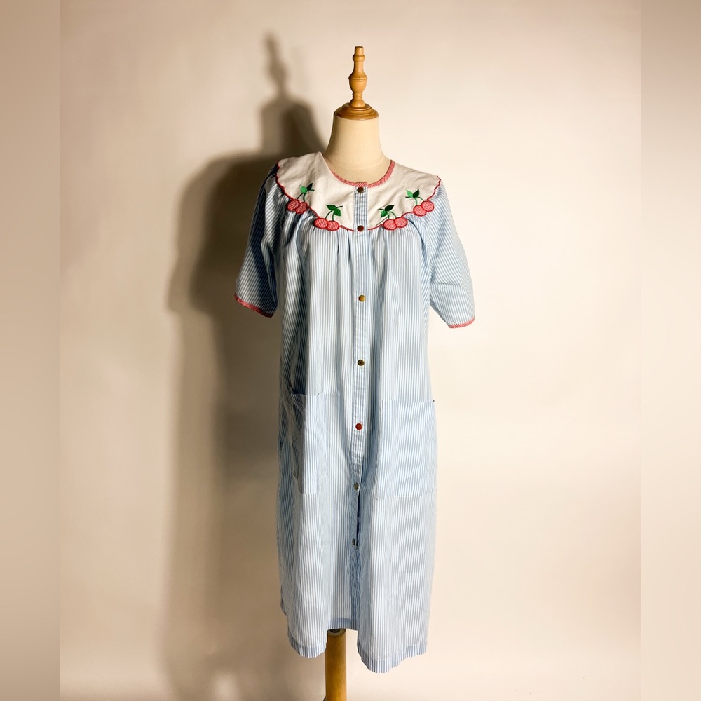 VINTAGE Cherry Collar Blue Stripe Short Sleeve Day Dress Nightgown Large